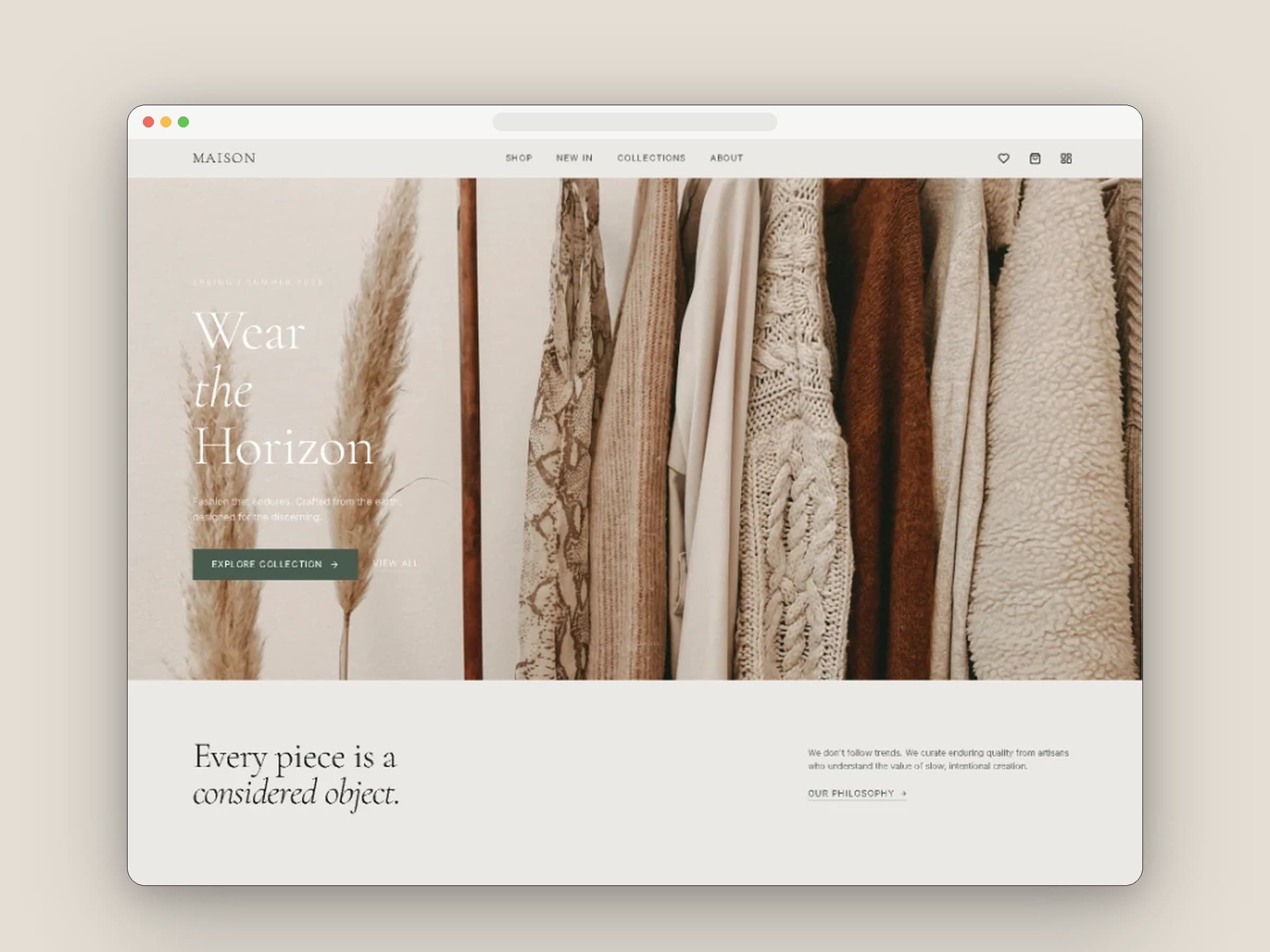 Maison fashion store homepage with a full-width hero, serif headline and an Explore Collection button