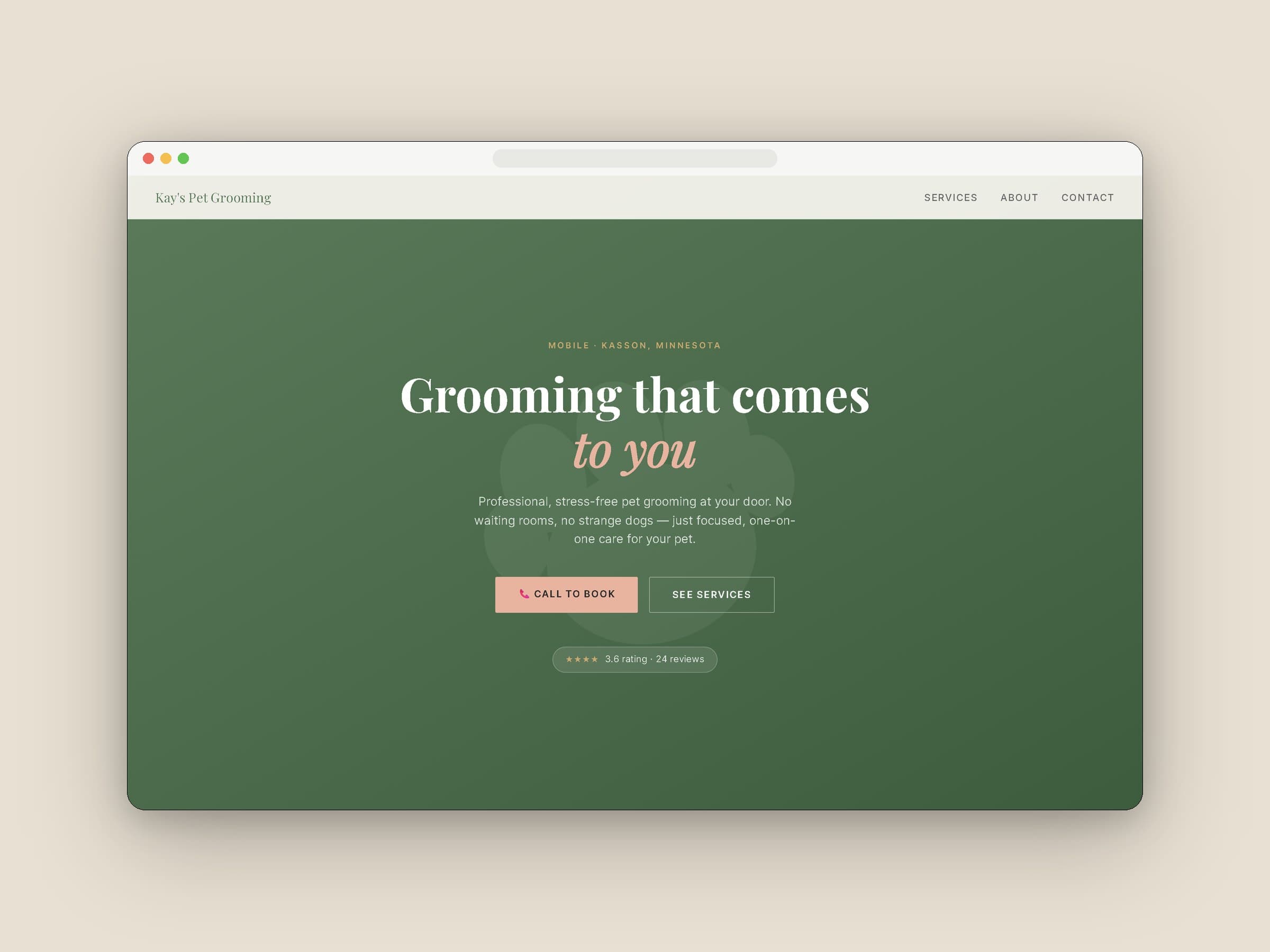 Kay's Pet Grooming homepage with a green hero, serif headline and call-to-book buttons