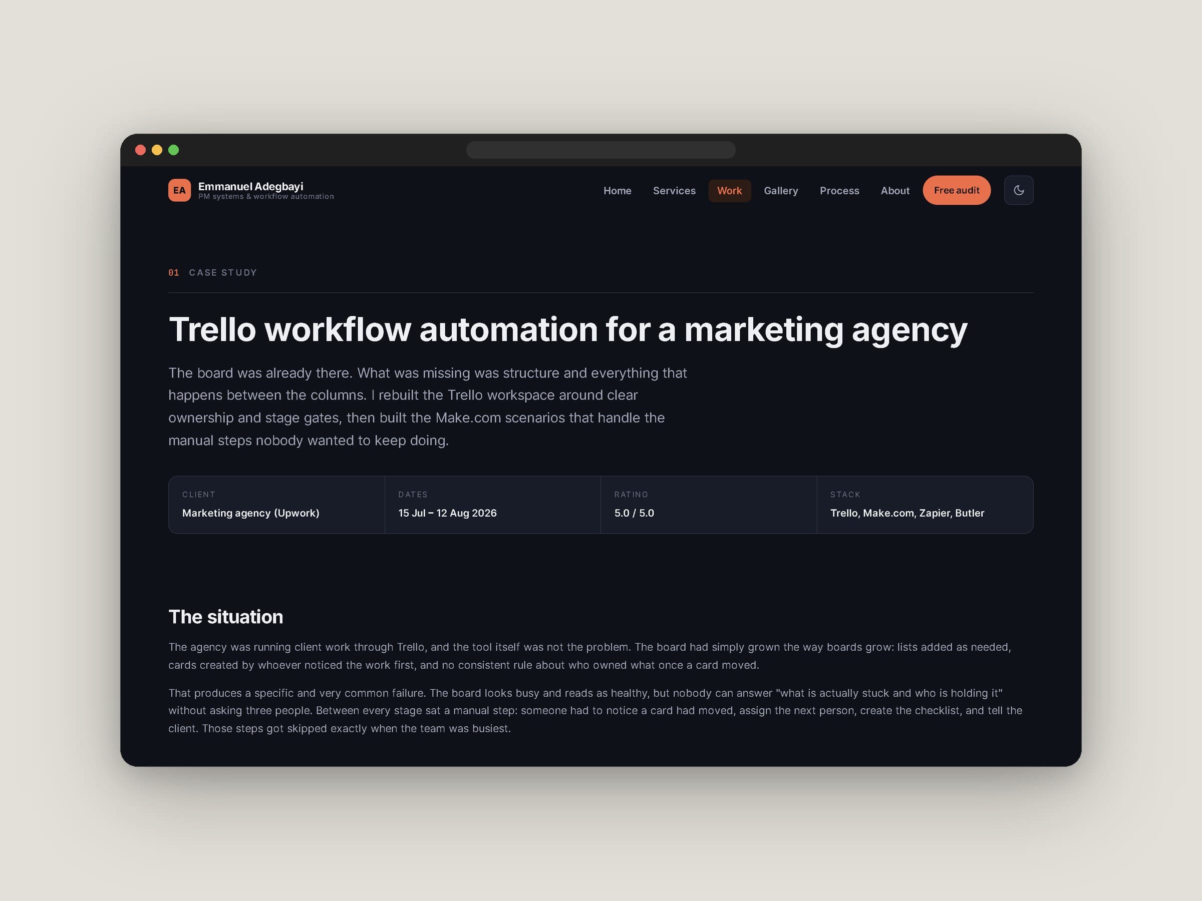 Case study page for the Trello and Make.com project, showing client, dates, 5.0 rating and stack