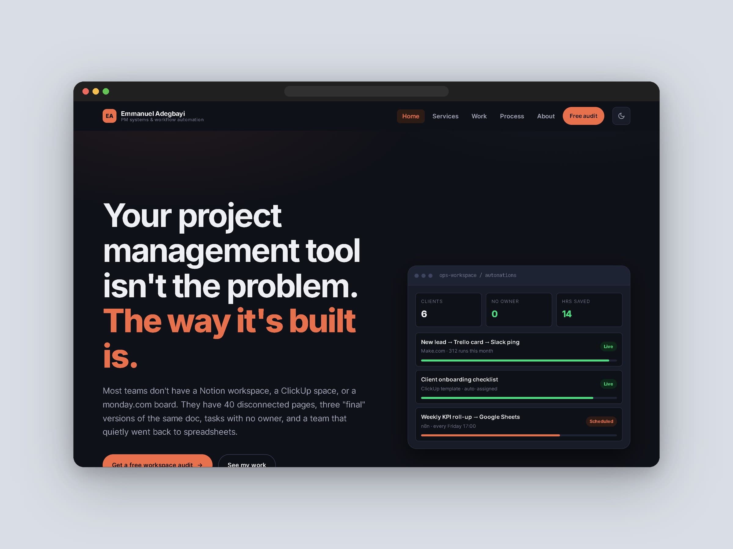 Project management portfolio homepage with an automations status panel