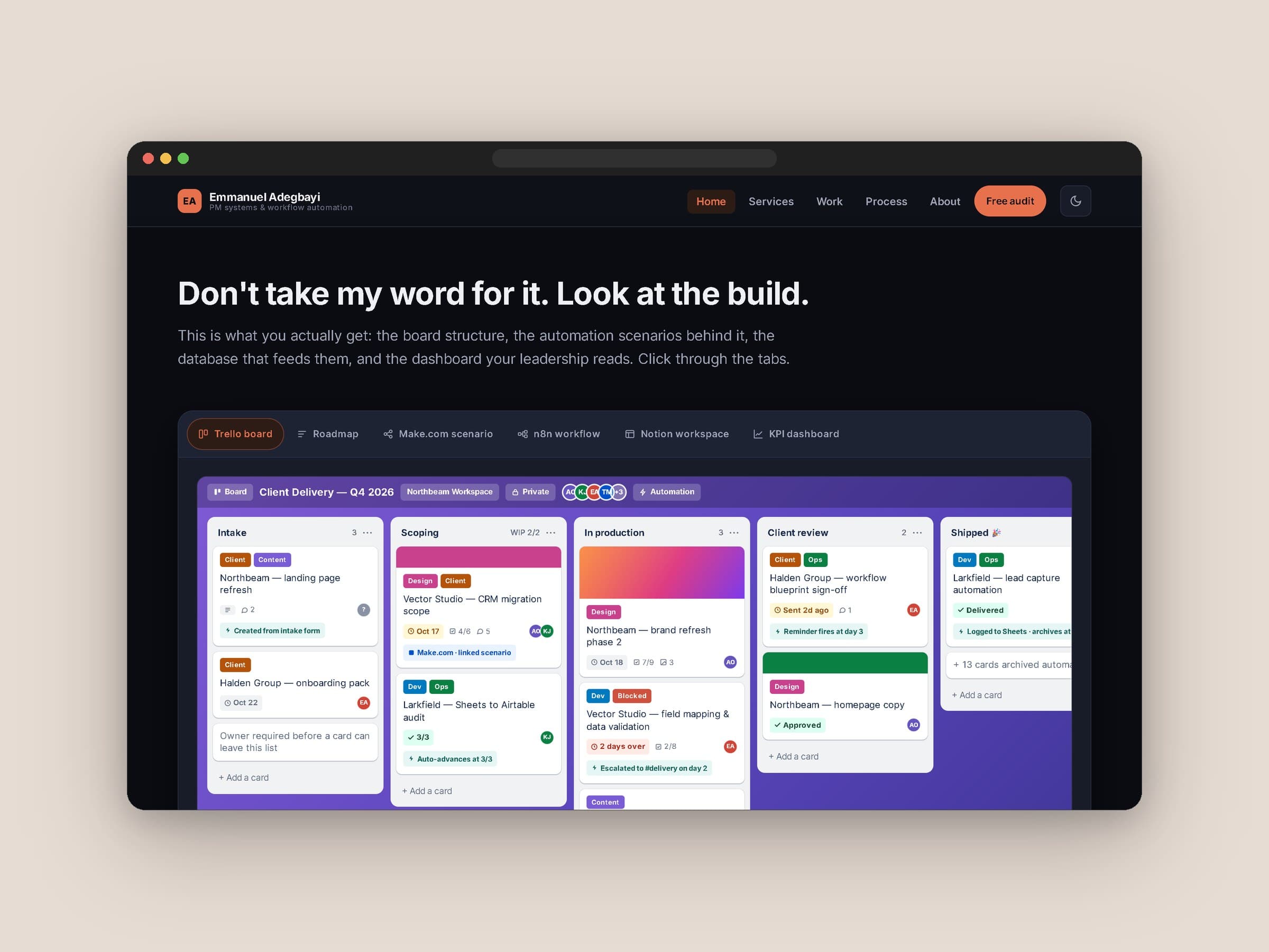 Reference Trello board with delivery stages, owners, due dates and automation badges on each card