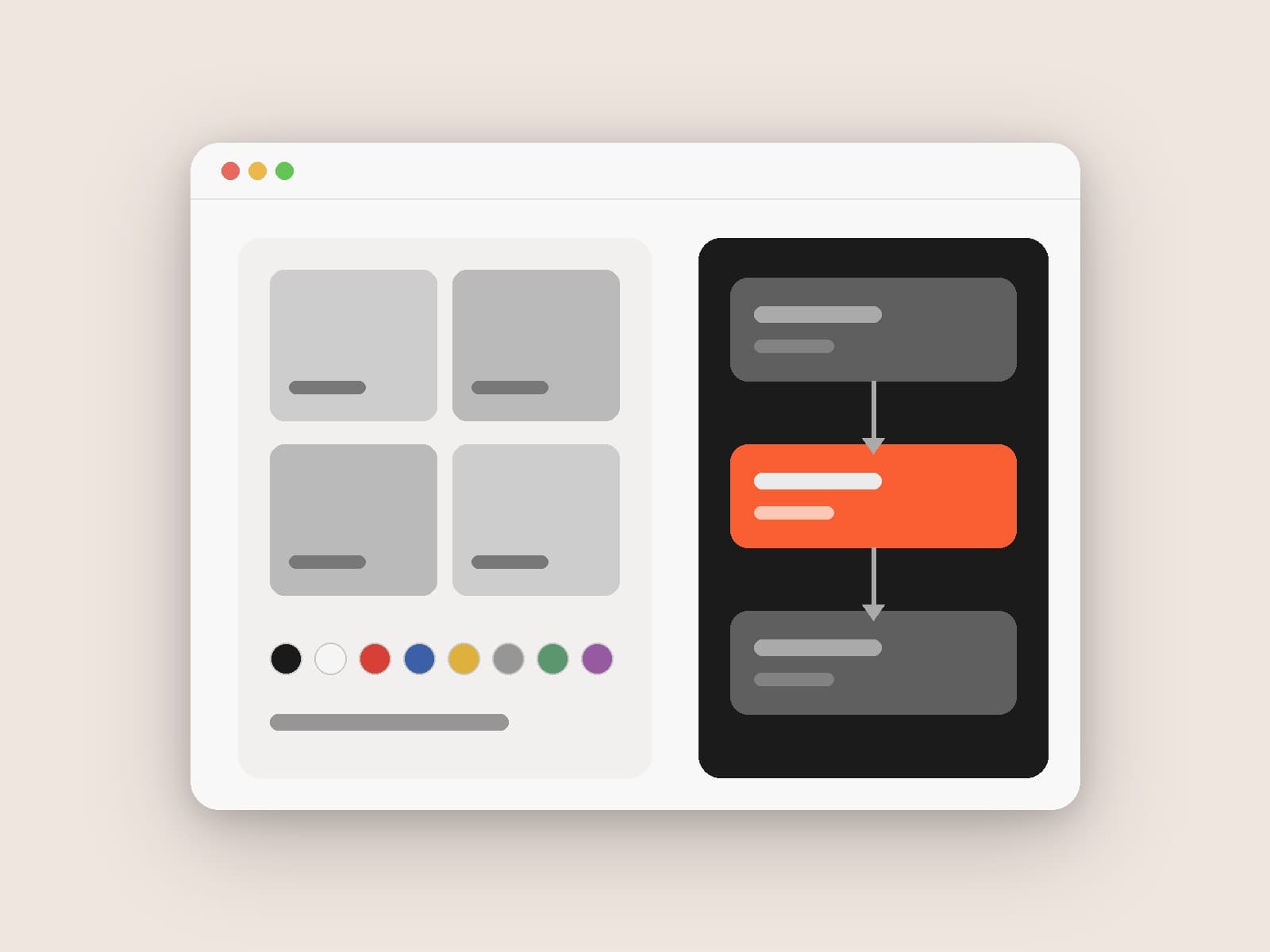 Illustration of a product grid with colour options next to a three-step automation flow